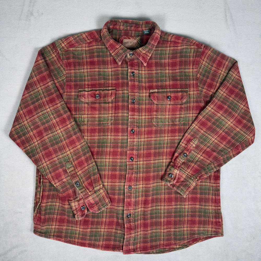 Orvis Heavy Flannel Shirt Mens XXL Red Green Plaid Button Down Side Pockets